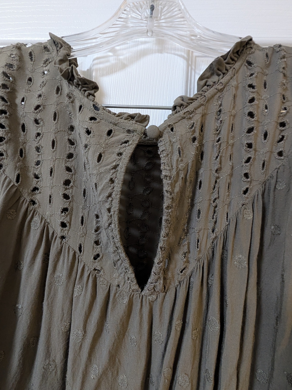 💚 Torrid Olive Eyelet Ruffle Cap Sleeve Blouse | Swiss Dot Top - Picture 5 of 13